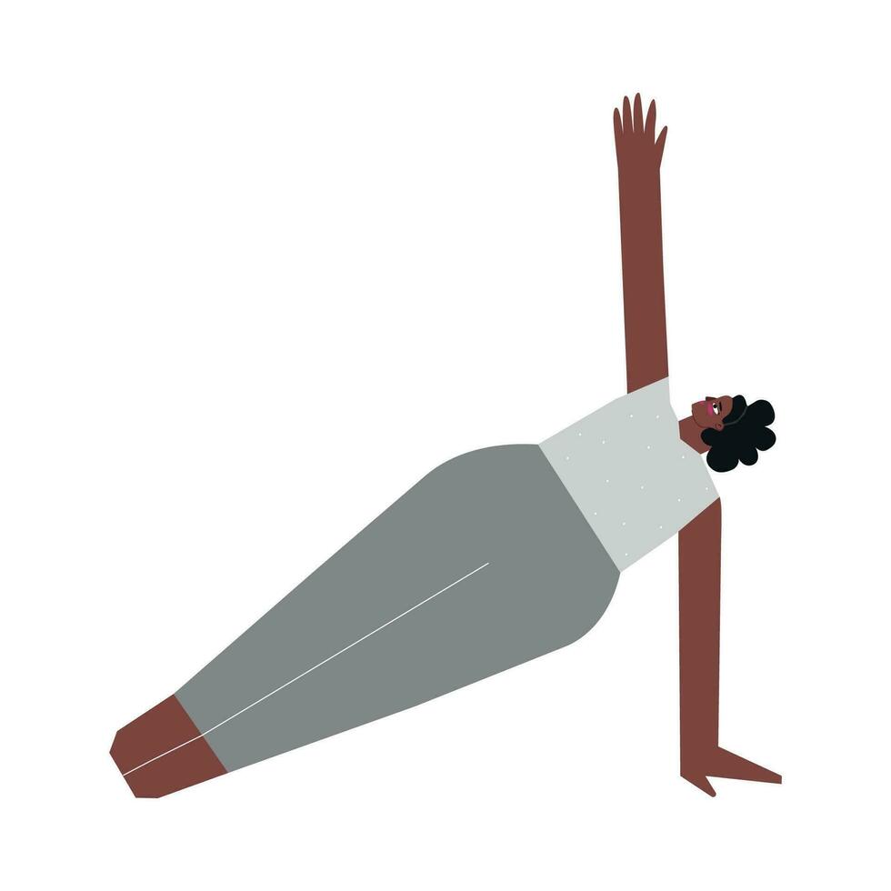 vecteur isolé concept avec plat femelle personnage. fort africain américain femme apprend bras équilibre posture vasisthasana à yoga classe. côté planche pose