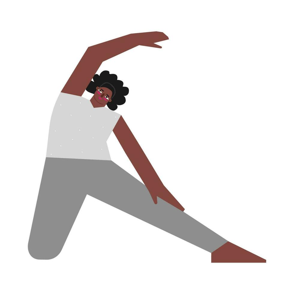vecteur isolé illustration avec plat femelle africain américain personnage. sportif femme apprend permanent posture parighasana à yoga classe. aptitude exercice - porte pose
