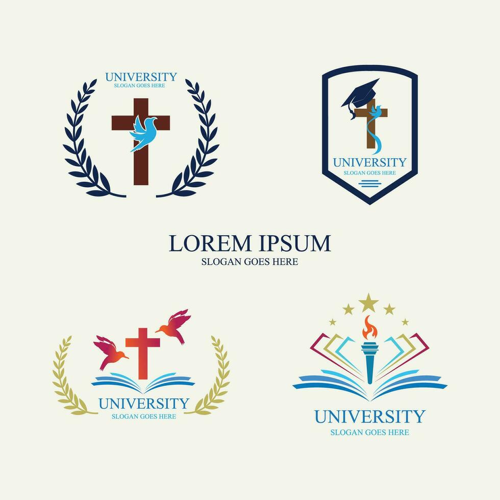 icônes vectorielles de l'université et de l'académie. emblèmes ou boucliers destinés aux diplômés du secondaire en sciences maritimes ou en droit. rubans et insignes de chapeau de célibataire, couronne de laurier, modèle de logo vectoriel