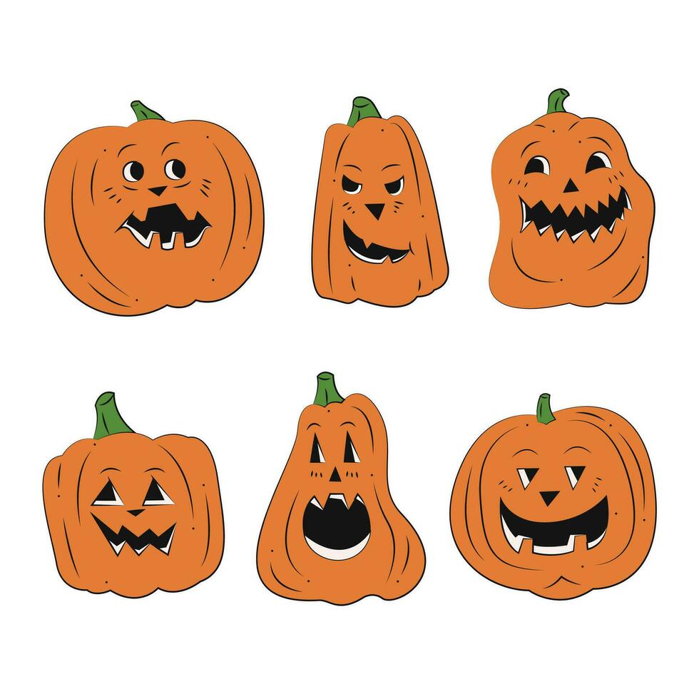 ensemble de 6 effrayant Halloween citrouilles. Couleur plat vecteur illustration.