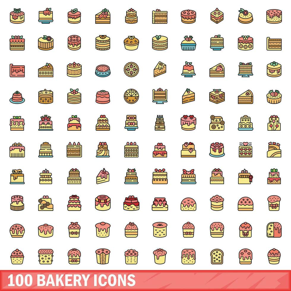 100 boulangerie Icônes ensemble, Couleur ligne style vecteur
