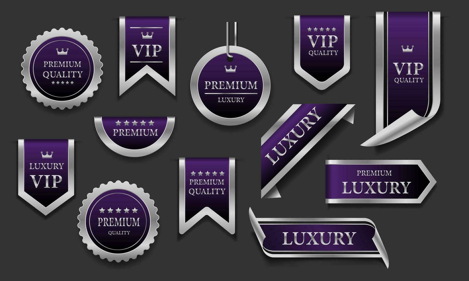 violet argent luxe prime qualité étiquette badges sur gris Contexte vecteur