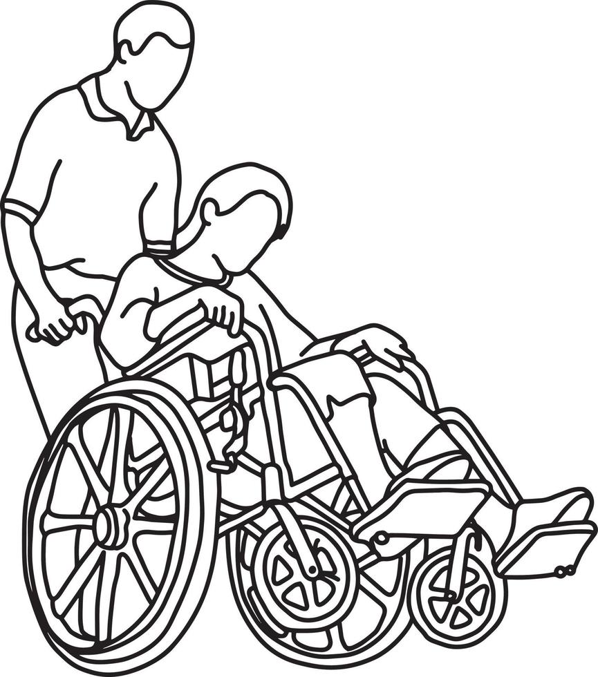 jeune soignant de sexe masculin marchant avec une femme en fauteuil roulant vecteur