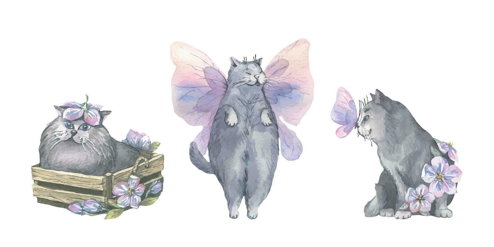 aquarelle illustration de délicat rose-lilas papillons et mignon, gris chats. aéré, lumière, doux. pour bannière conception, cartes postales, vêtements, conception, affiches fond d'écran vecteur