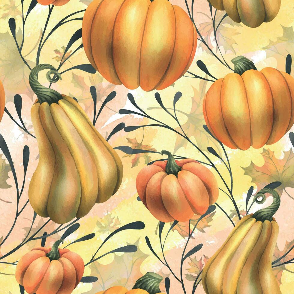 Orange l'automne citrouilles avec érable feuilles et branches. aquarelle illustration, main dessiné. sans couture modèle sur une Jaune Contexte vecteur