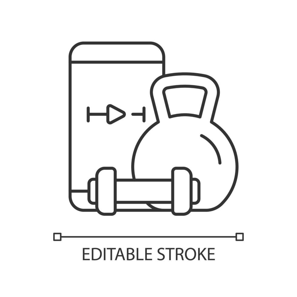 Icône linéaire de formation d'exercices d'haltérophilie en ligne. vecteur