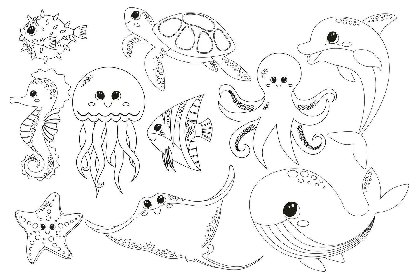 coloration page avec illustration mignonne content mer animaux pour conception élément sur blanc Contexte. dauphin, baleine, pieuvre, méduse, Raie, étoile de mer, hippocampe, tortue, algues, l'eau ampoules, puffer poisson vecteur