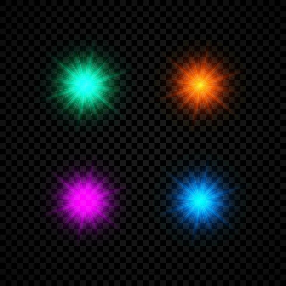 lumière effet de lentille fusées éclairantes. ensemble de quatre vert, orange, violet et bleu embrasé lumières starburst effets avec scintille sur une foncé Contexte. vecteur illustration