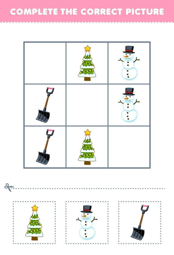 éducation Jeu pour les enfants Achevée le correct image de une mignonne dessin animé Noël arbre bonhomme de neige et neige pelle imprimable hiver feuille de travail vecteur