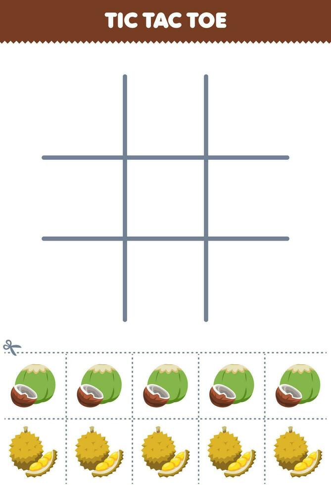 éducation Jeu pour les enfants tic tac doigt de pied ensemble avec mignonne dessin animé noix de coco et durian image imprimable fruit feuille de travail vecteur