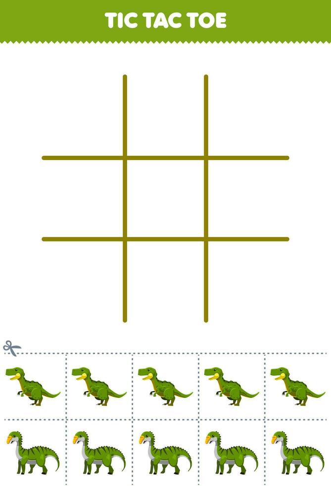 éducation Jeu pour les enfants tic tac doigt de pied ensemble avec mignonne dessin animé vert dino image imprimable préhistorique dinosaure feuille de travail vecteur