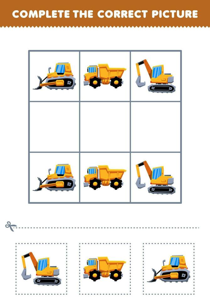 éducation Jeu pour les enfants Achevée le correct image de une mignonne dessin animé excavatrice déverser un camion et bulldozer imprimable transport feuille de travail vecteur