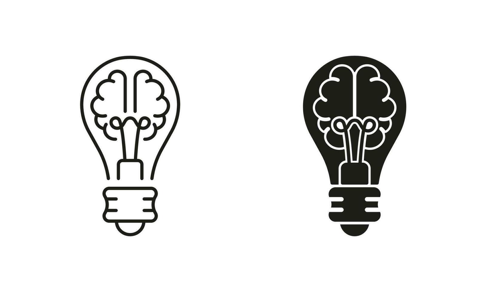 lumière ampoule et Humain cerveau pictogramme. connaissance, intelligent Solution ligne et silhouette icône ensemble. inspiration, Créatif idée symbole collection sur blanc Contexte. isolé vecteur illustration.