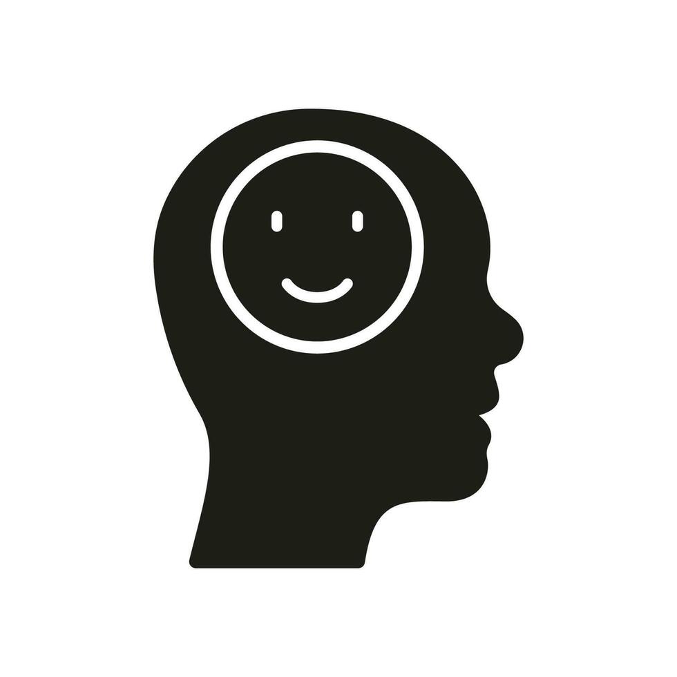 positif en pensant et inspiration silhouette icône. sourire dans Humain tête glyphe pictogramme. mental santé solide signe. intellectuel processus, optimiste bien émotion symbole. isolé vecteur illustration.