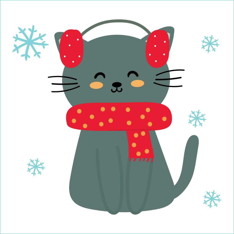 mignonne dessin animé hiver élément chat autocollant. pour des gamins autocollants, mignonne griffonnage collections, hiver autocollant ensembles vecteur