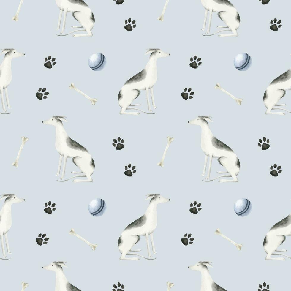 une whippet chiens. une animal de compagnie chiens. le chien chien chiens, pattes, des balles et os. aquarelle sans couture motif.mignon sur le thème des animaux de compagnie impression pour, tissu, conception, vétérinaire clinique, animal de compagnie magasin, logo, scrapbooking, animal de compagnie Mots clés. vecteur