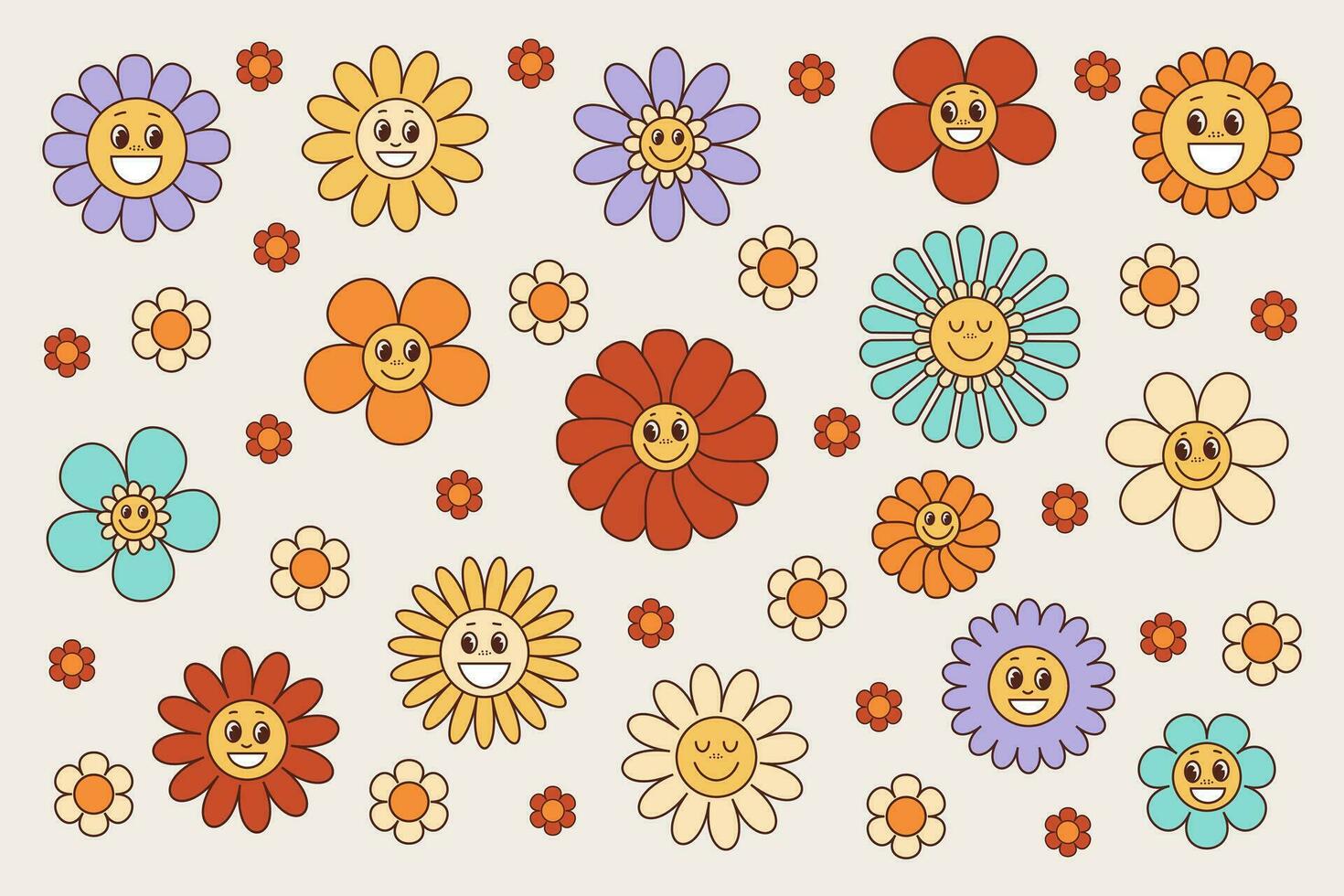 rhéteur rainure fleurs sourire ensemble 1970 style, ancien collection de fleurs avec visages mignonne les enfants autocollants, vecteur Icônes 60