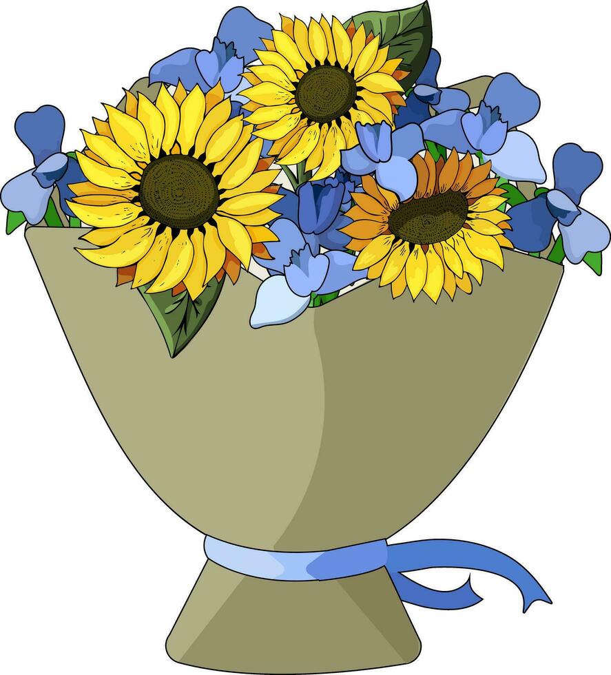 vecteur illustration bouquet dans artisanat papier de bleu Iris et Jaune tournesols avec une accident vasculaire cérébral pour une carte postale