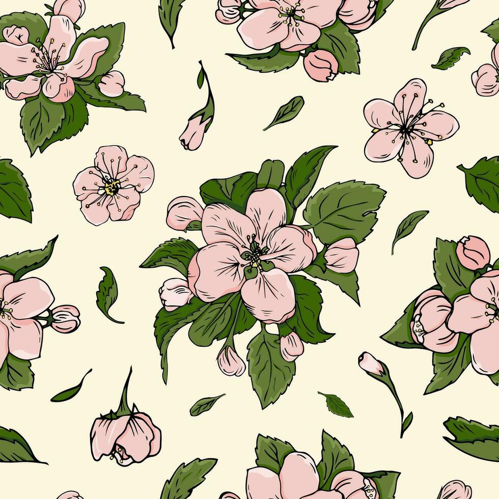 sans couture Cerise fleurs modèle. vecteur main tiré Cerise fleur pour textile, tissu, fond d'écran, emballage papier. mignonne femelle modèle.