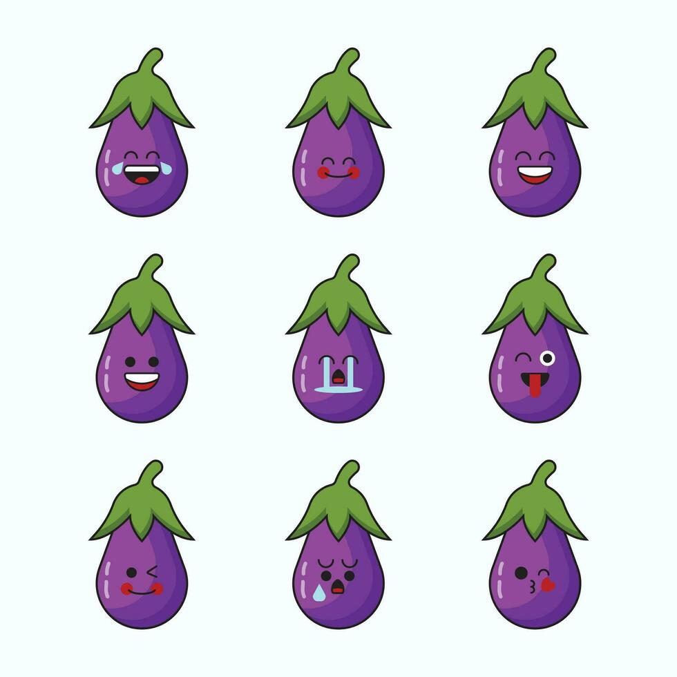 légume émoticône vecteur icône ensemble. mignonne emoji aubergine avec affronter.