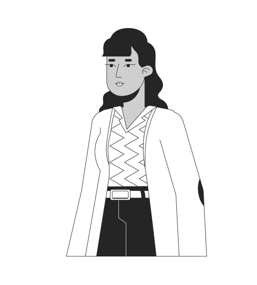 élégant adulte Indien femme posant noir et blanc 2d ligne dessin animé personnage. Sud asiatique femelle employé décontractée isolé vecteur contour personne. détendu permanent monochromatique plat place illustration