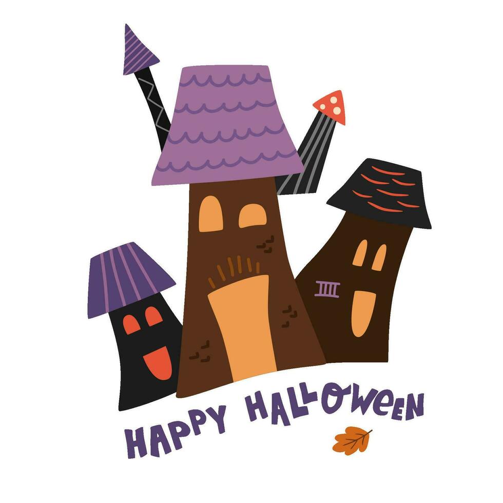 Halloween maison isolé élément main tiré dans marrant dessin animé style. vecteur effrayant Château avec texte. Facile Halloween hanté maison pour faire la fête, carte décoration, impressions, autocollants, invitations.