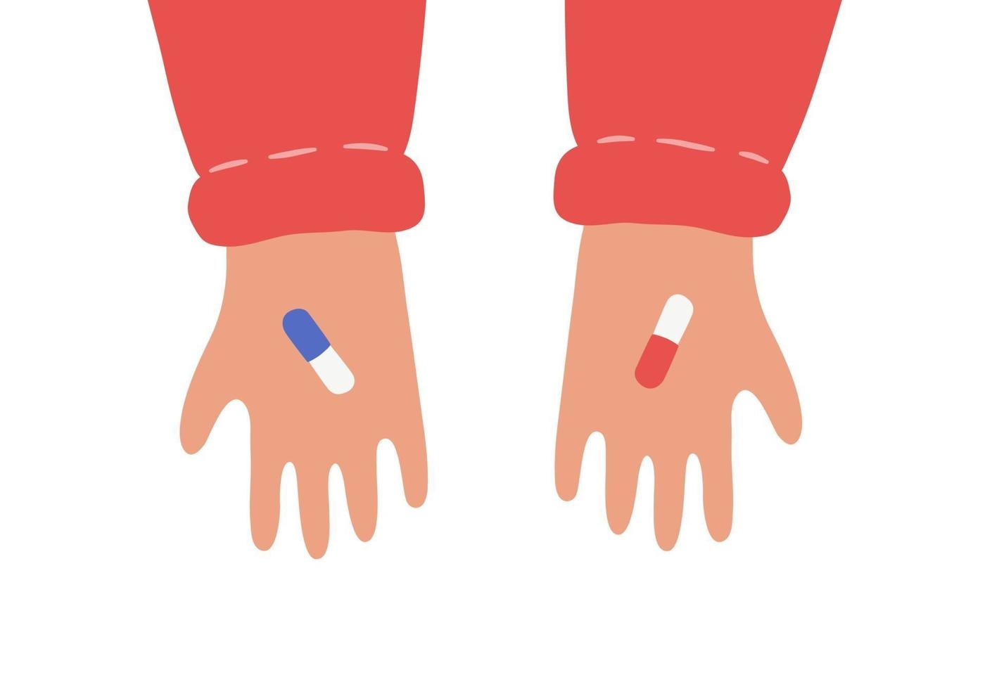 mains avec des pilules rouges et bleues. symbole de choix difficile vecteur