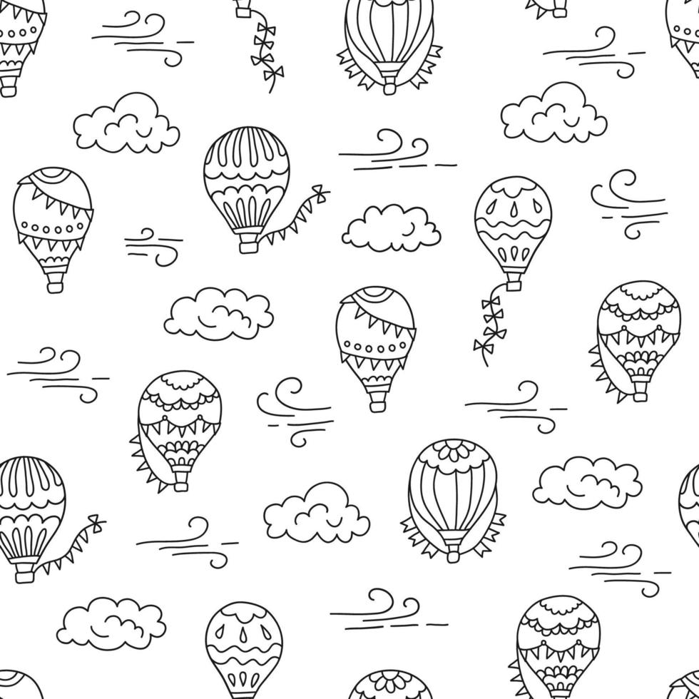 montgolfières et nuages. modèle sans couture dessiné à la main. vecteur