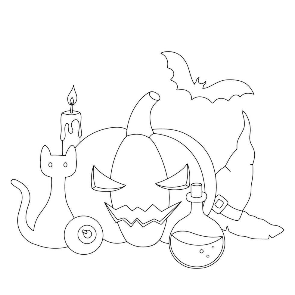 contour Halloween composition avec citrouille, chauve souris et sorcière chapeau. ligne illustration pour coloration livre vecteur