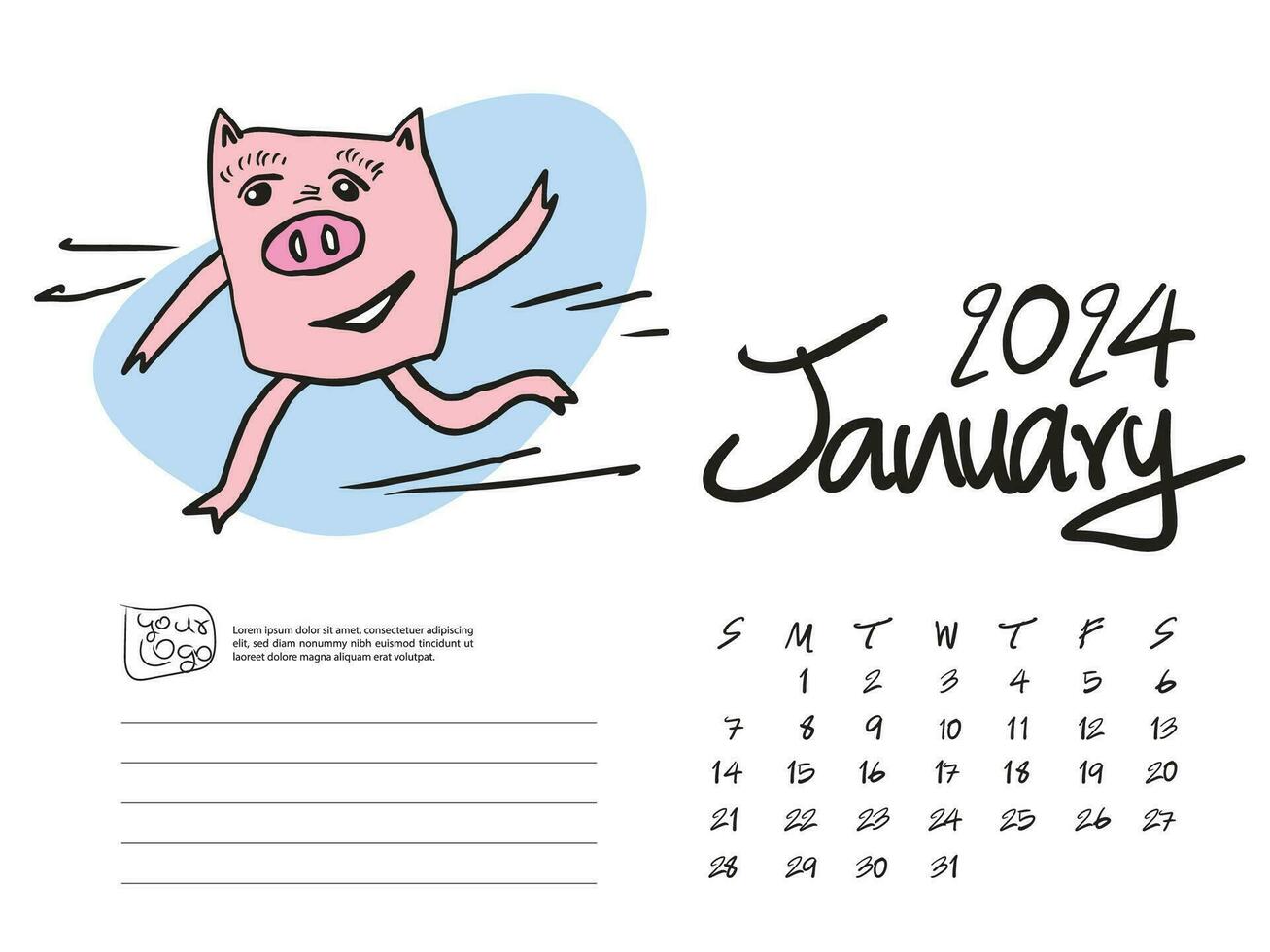 01-janvier 2024 avec porc dessin animé vecteur