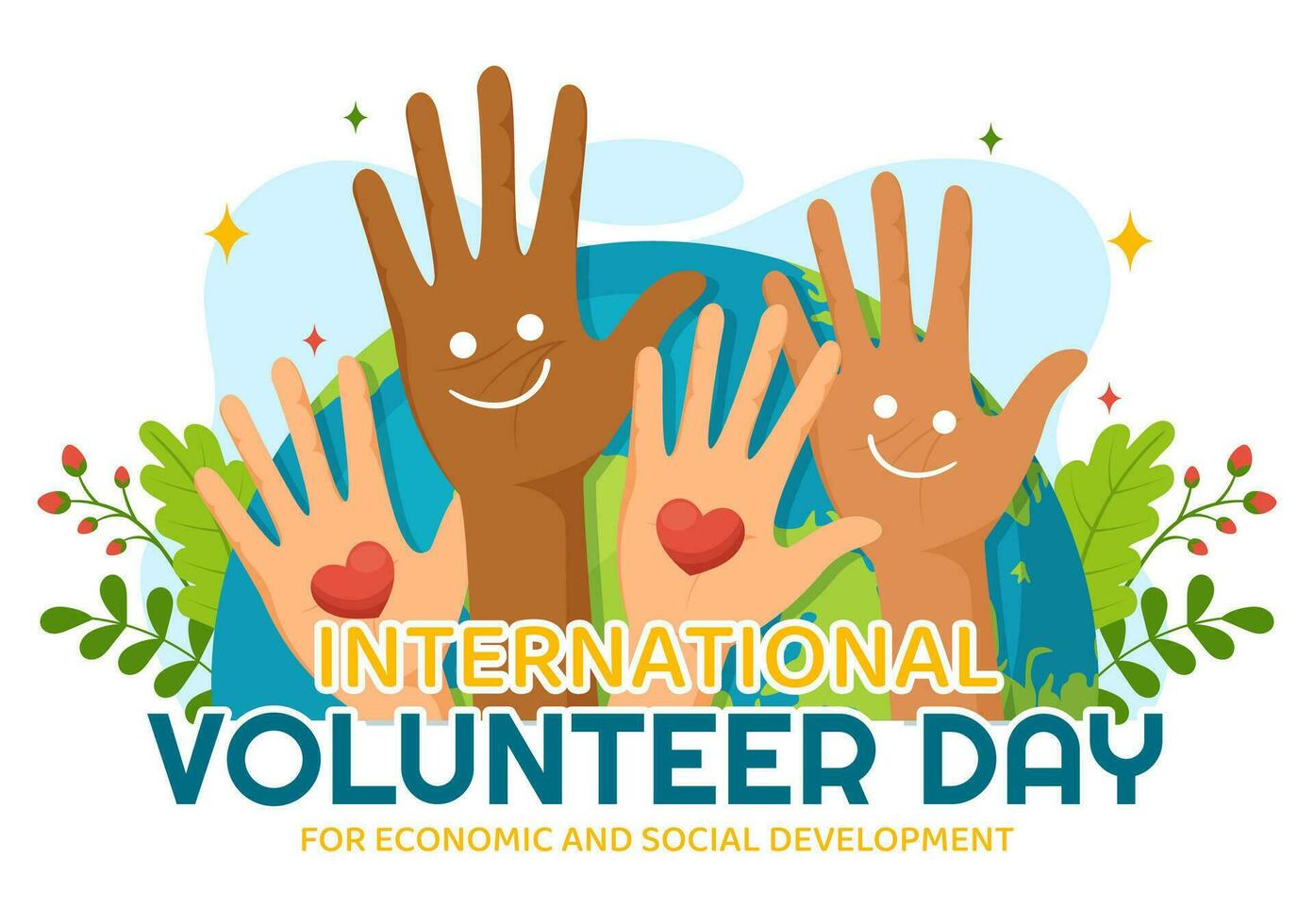 international bénévole journée pour économique et social développement vecteur illustration sur décembre 5 avec mains et pigeons dans plat dessin animé Contexte