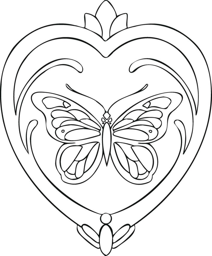 ethnique papillon dans cœur ligne main tiré coloration livre vecteur