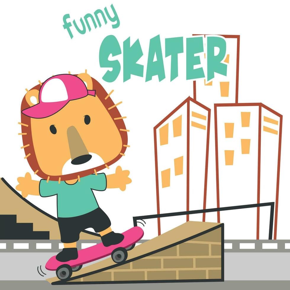 mignonne dessin animé personnage ours patineur. vecteur impression avec mignonne Lion sur une planche à roulette. pouvez être utilisé pour T-shirt imprimer, des gamins porter mode conception, en tissu textile, garderie fond d'écran et autre décoration.