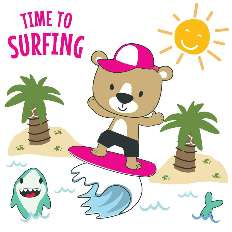 surfant temps avec mignonne peu ours à été. pouvez être utilisé pour T-shirt impression, les enfants porter mode conceptions, bébé douche invitation cartes et autre décoration. vecteur