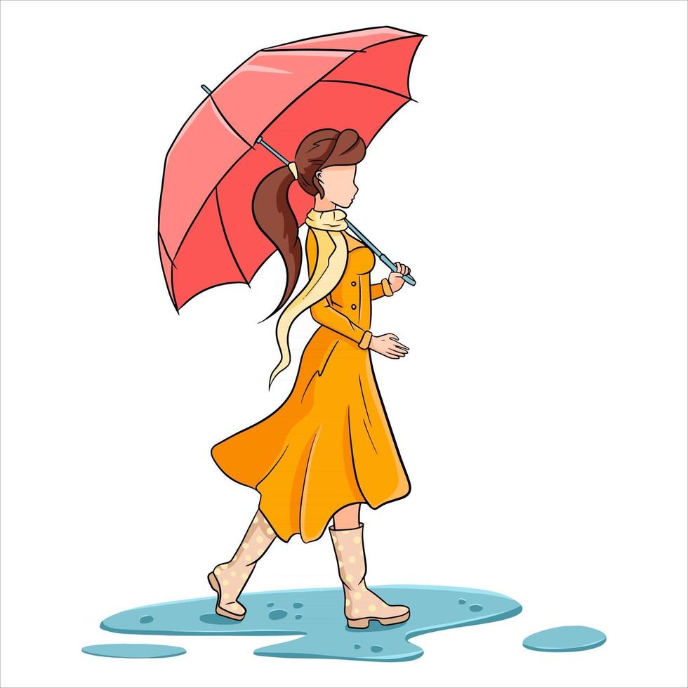 jeune fille avec un parapluie pour une promenade. pluie d'automne. style de bande dessinée. vecteur