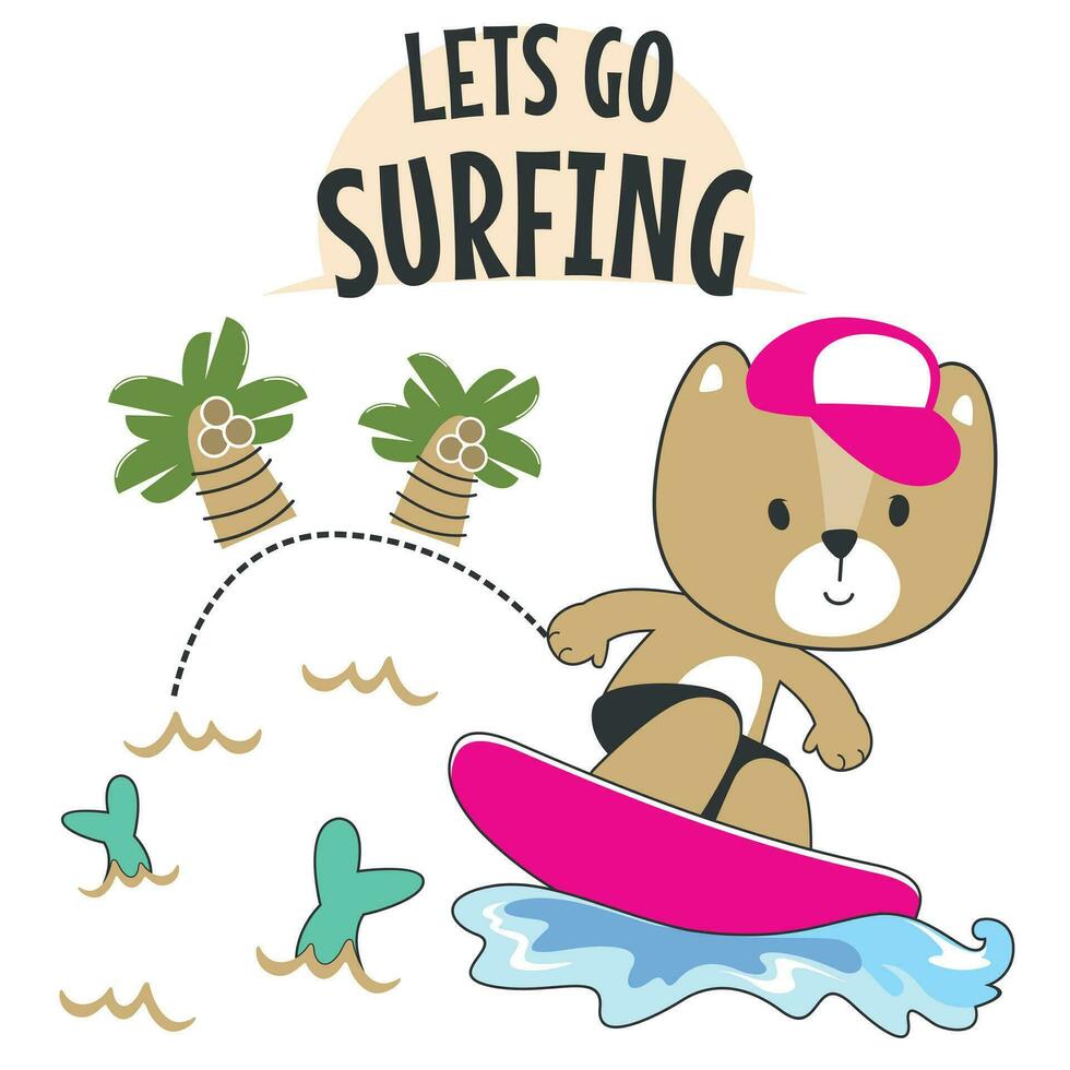 surfant temps avec mignonne peu ours à été. pouvez être utilisé pour T-shirt impression, les enfants porter mode conceptions, bébé douche invitation cartes et autre décoration. vecteur