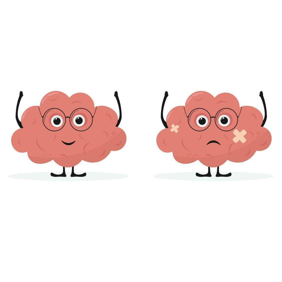 mignonne dessin animé mauvais pour la santé malade cerveau dans des lunettes illustration. plat dessin animé Humain maladie organe personnage cerveau mascotte icône conception vecteur