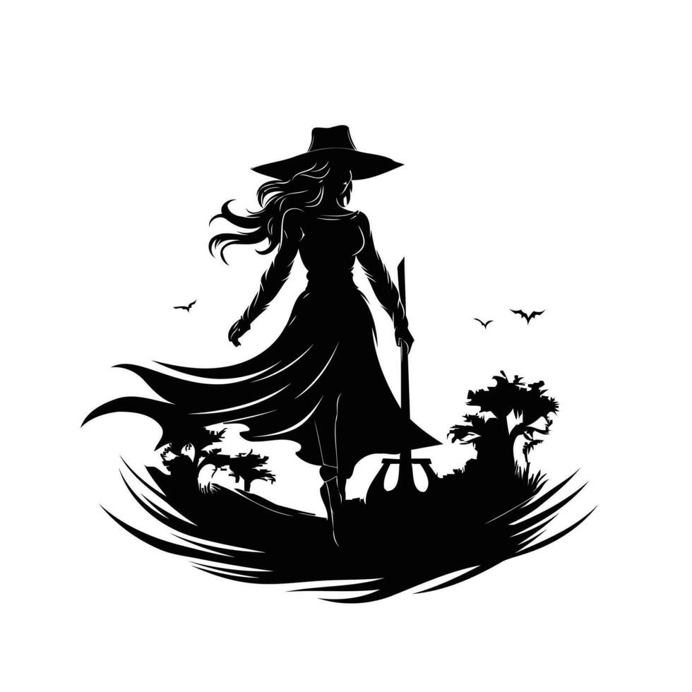 silhouette de une sorcière avec une balai et une chapeau sur une blanc Contexte vecteur