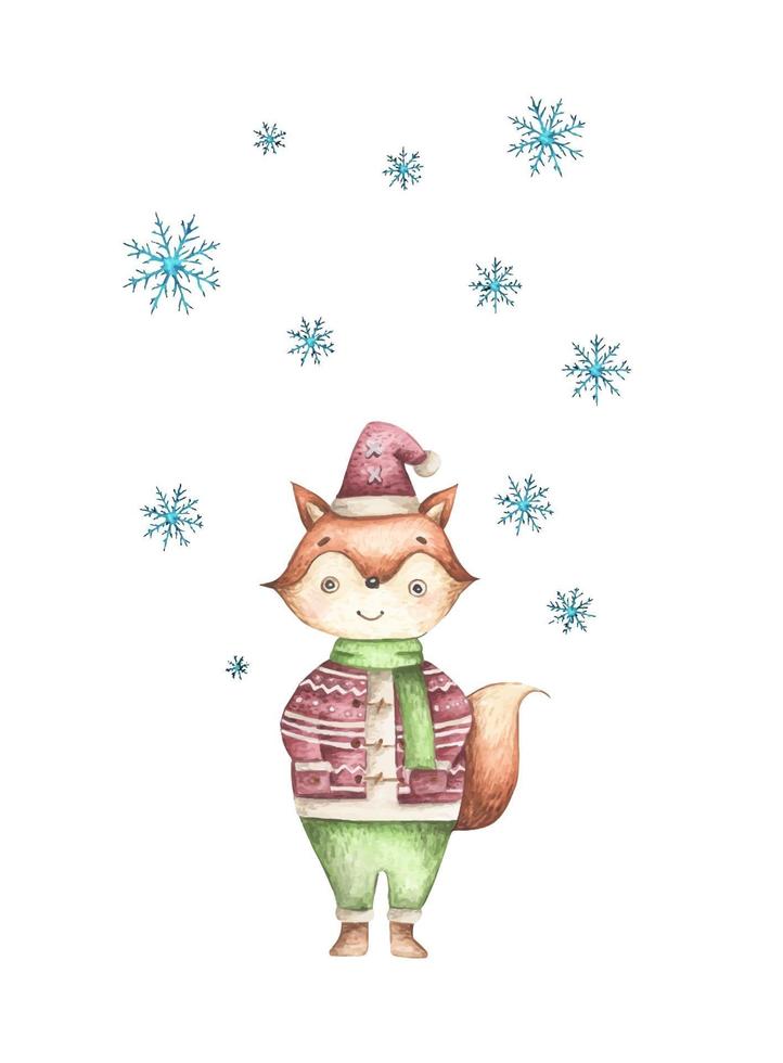 petit renard avec des chutes de neige. illustration à l'aquarelle. vecteur