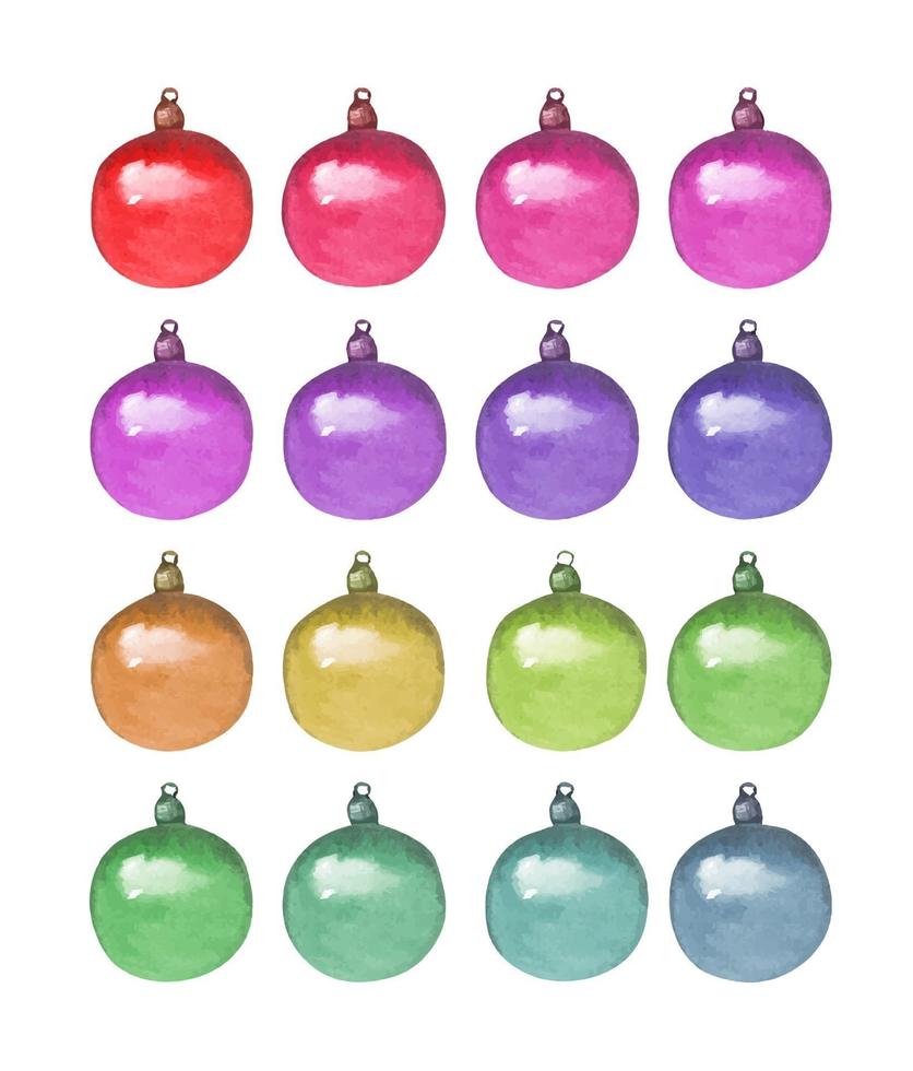 ensemble de boules de Noël colorées. carte de Noël aquarelle. vecteur
