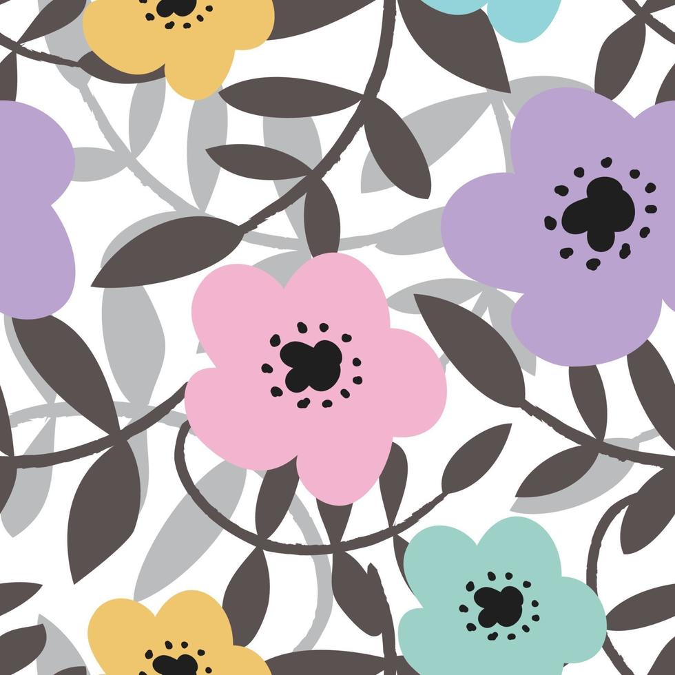 motif de fleurs colorées avec des feuilles en niveaux de gris vecteur