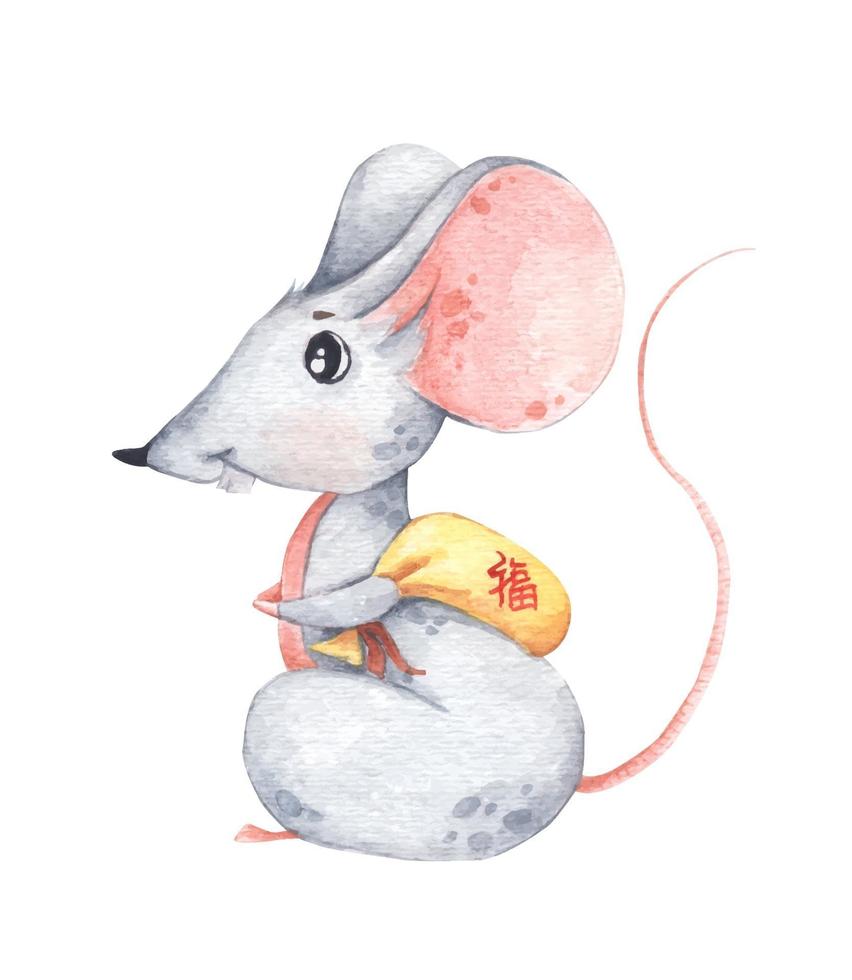 petite souris avec petit sac jaune. illustration à l'aquarelle. vecteur