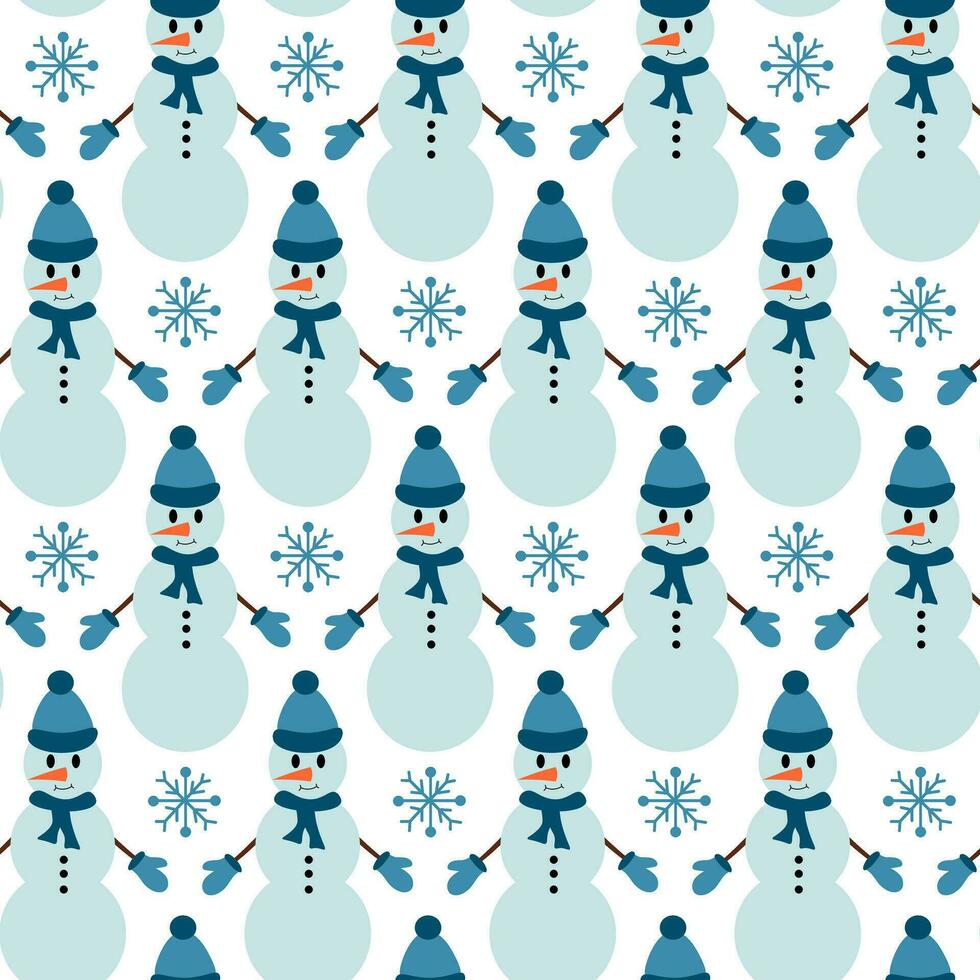 hiver et Noël sans couture modèle. flocons de neige et bonhomme de neige avec chapeau, écharpe et Mitaines. vecteur plat