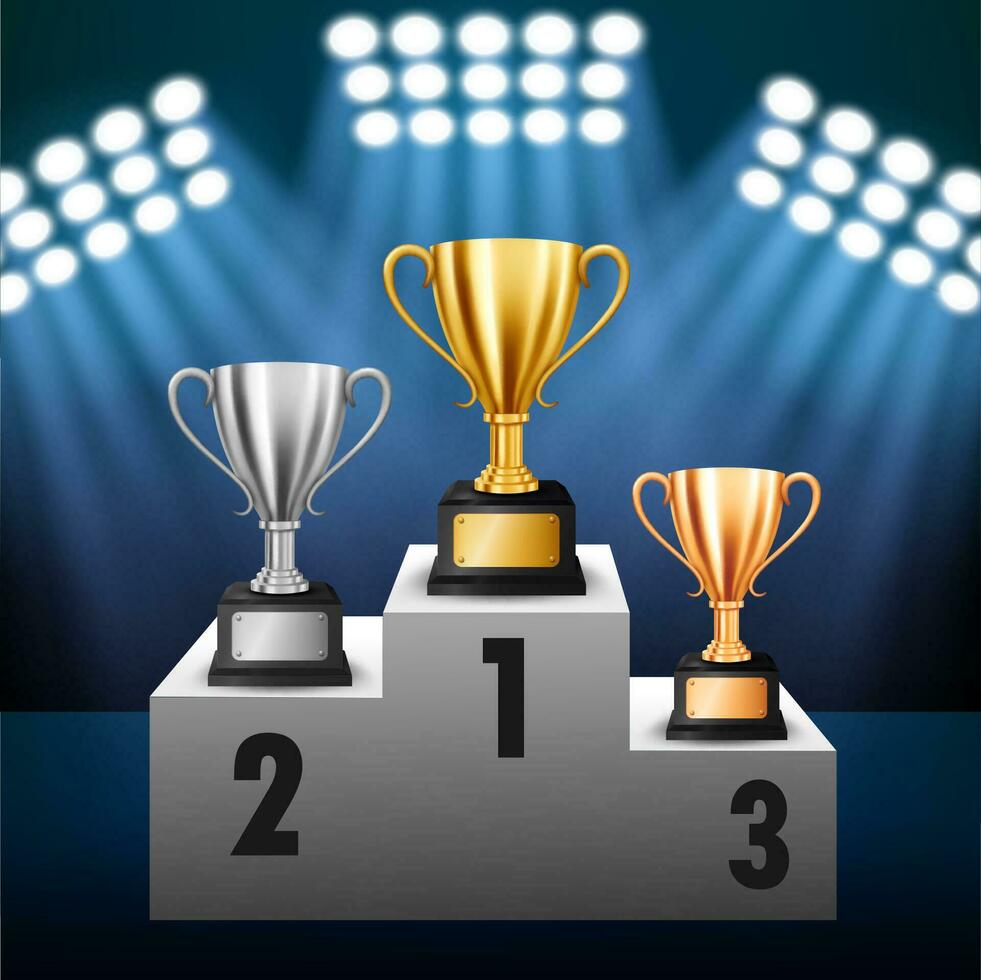 championnat avec 3 trophées sur podium avec illuminé projecteur, vecteur illustration