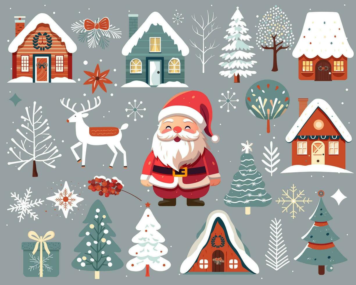 ensemble de scandi Noël éléments. Père Noël Klaus. main tiré Noël illustration, mignonne Maisons, des arbres, cerf, flocons de neige. vecteur