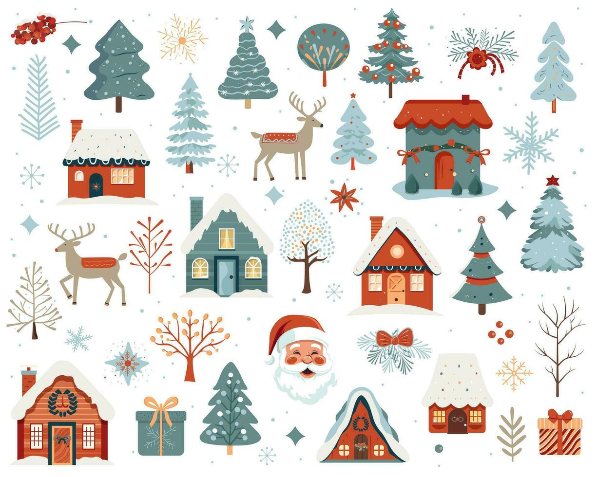 scandi Noël illustration, mignonne Maisons, des arbres, cerf, Père Noël claus. gros ensemble de main tiré Noël éléments. vecteur