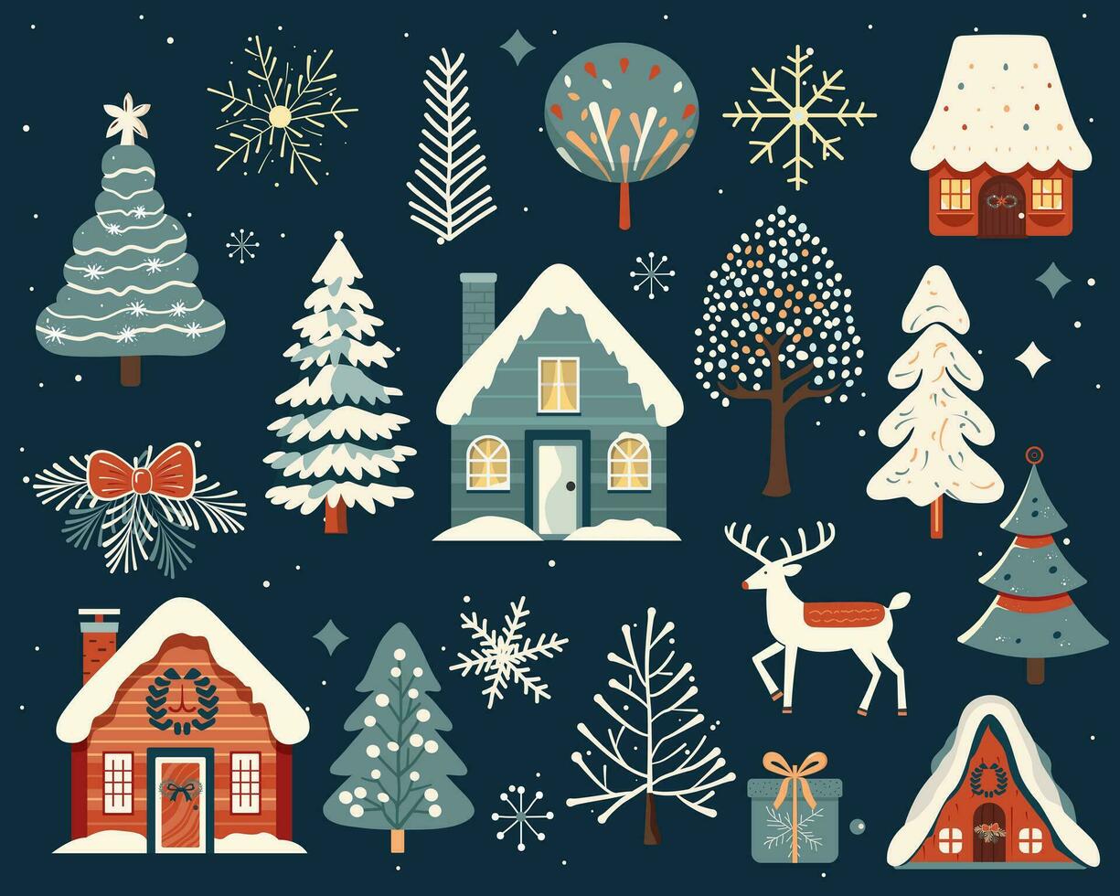 ensemble de main tiré Noël éléments. scandi Noël collection, mignonne Maisons, des arbres, cerf. vecteur