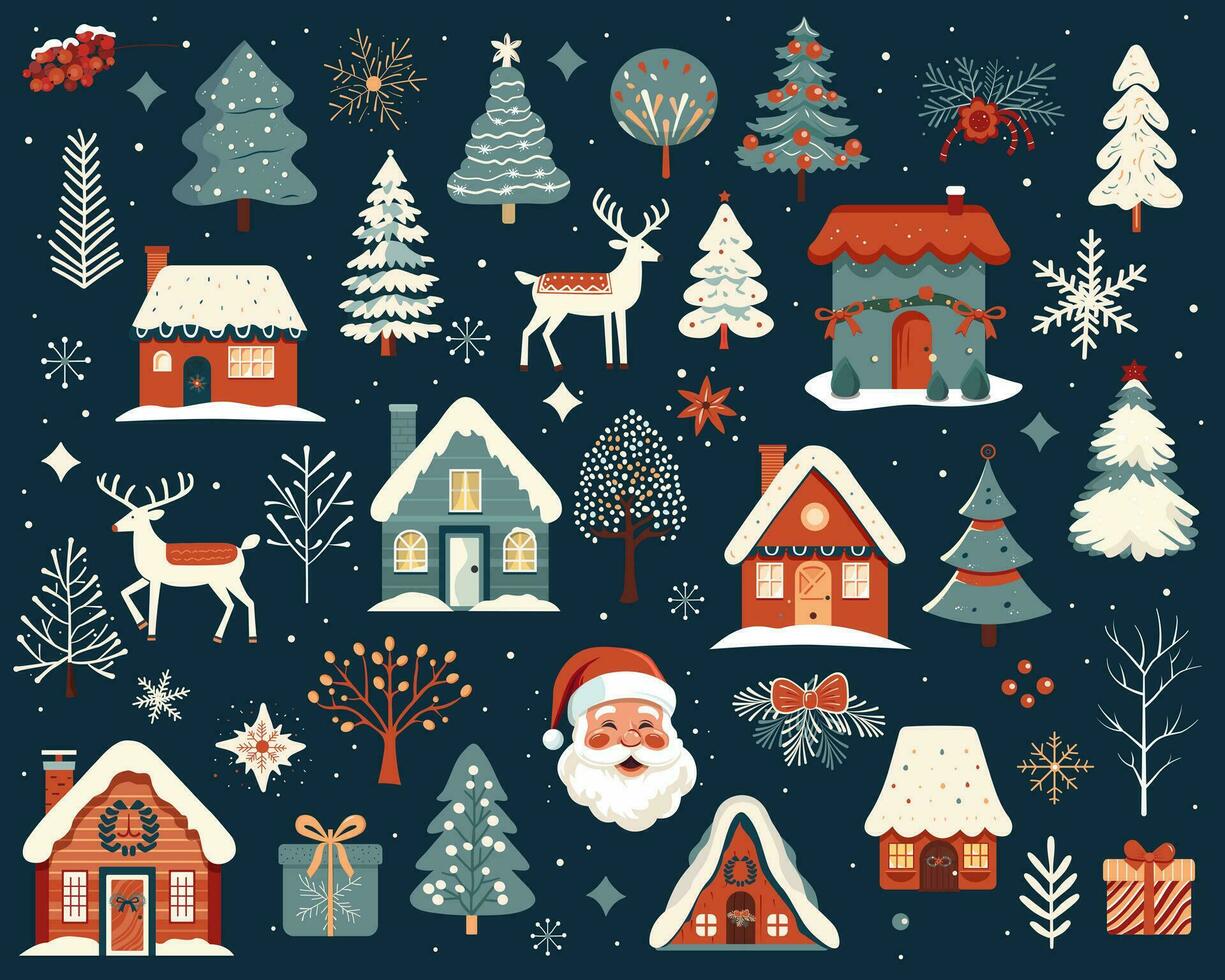 gros ensemble de main tiré Noël éléments. scandi Noël illustration, mignonne Maisons, des arbres, cerf, Père Noël claus. vecteur