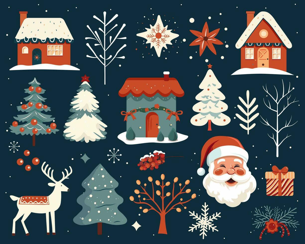 gros ensemble de main tiré Noël éléments. scandi Noël illustration, mignonne Maisons, des arbres, cerf, Père Noël claus. vecteur