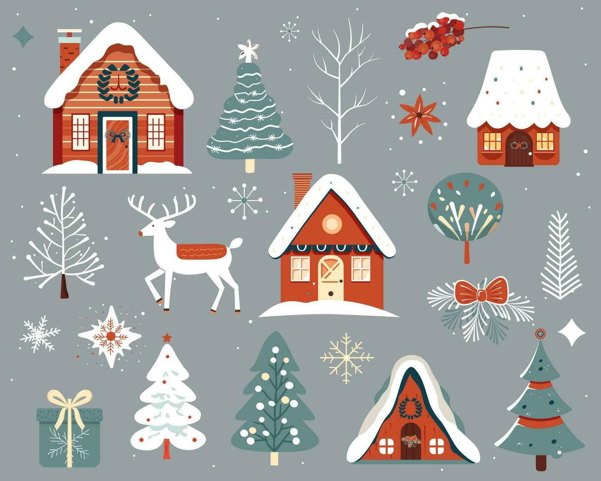 ensemble de scandi Noël éléments. main tiré Noël illustration, mignonne Maisons, des arbres, cerf, flocons de neige. vecteur